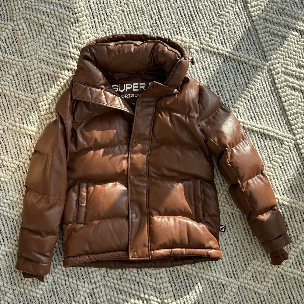 Aritzia the Super Puff Shorty Brown Leather Vegan Jacket Puffer XS